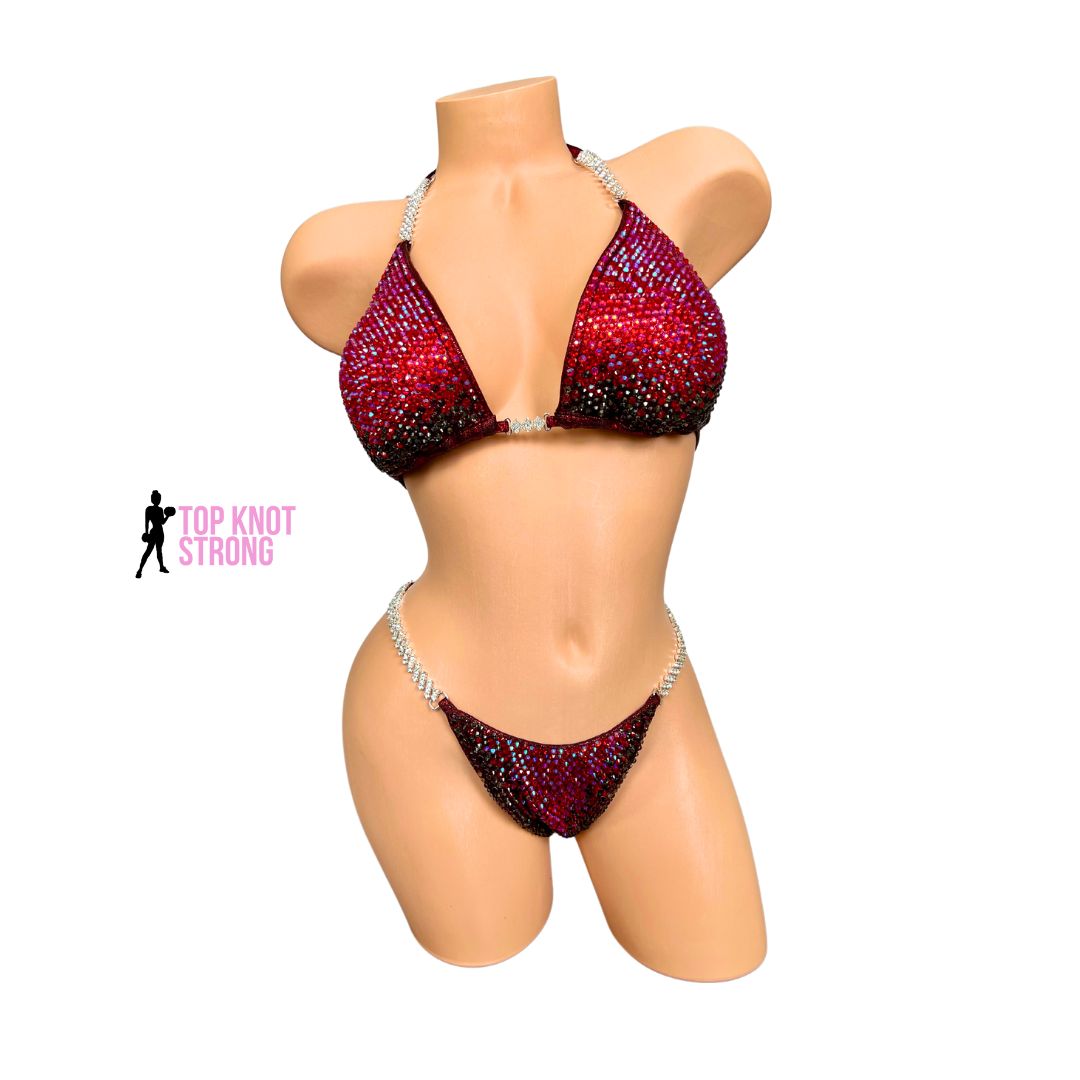 Cecilia Red and Black Crystal Bikini Competition Suit