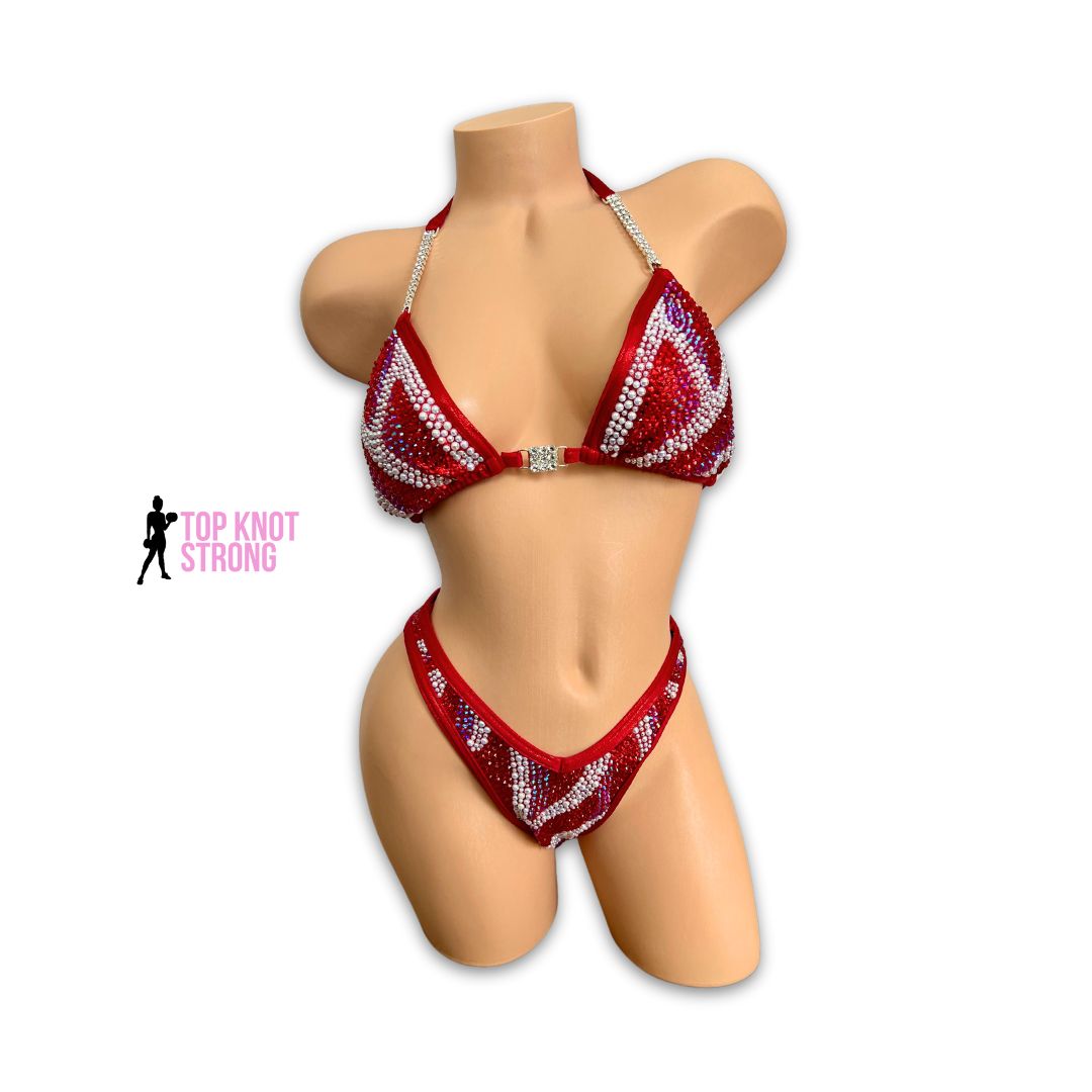 RTS: Ruby Red Temptation Figure Physique Bodybuilding Crystal Competition Suit