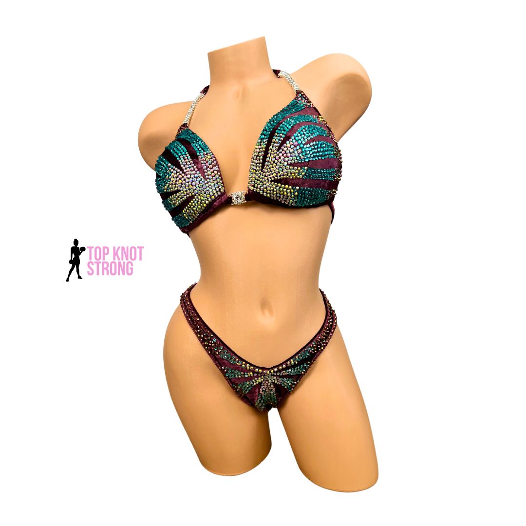 RTS: Figalicious Maroon and Blue Figure Physique Bodybuilding Crystal Competition Suit