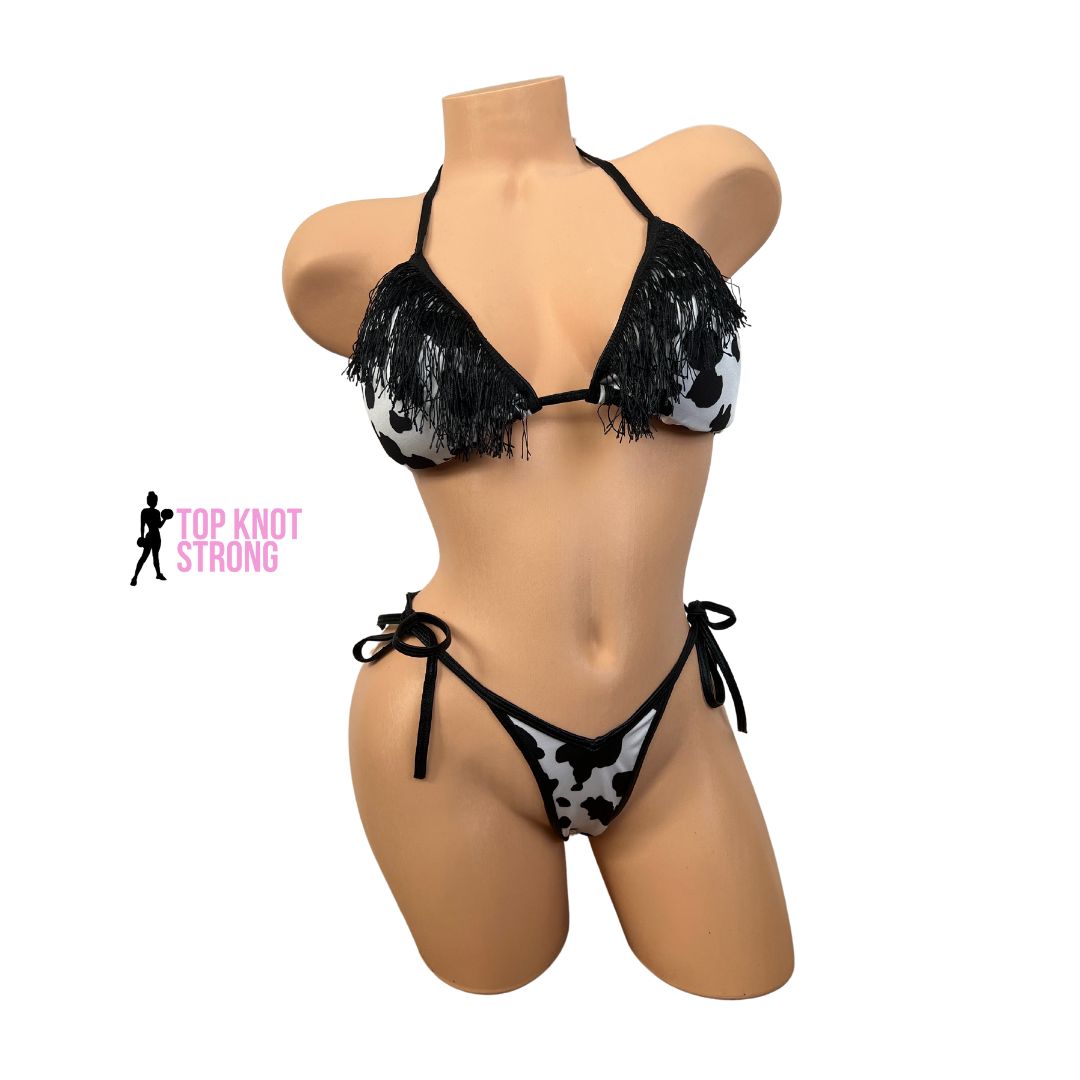 Cow Print Wellness Bikini Practice Posing Suit with Fringe