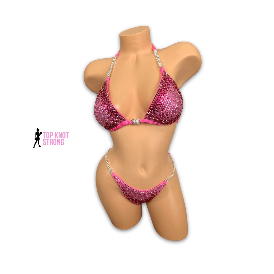 Cosmic Bloom Neon Pink Crystal Bikini Competition Suit