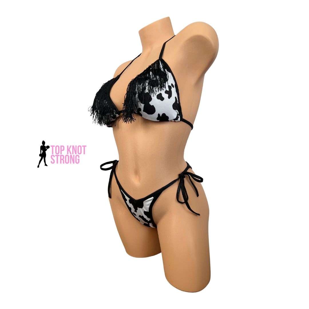 Cow Print Wellness Bikini Practice Posing Suit with Fringe