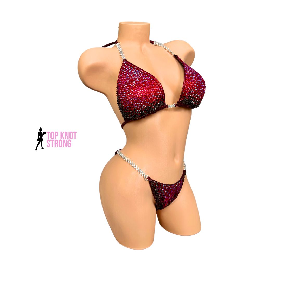 Cecilia Red and Black Crystal Bikini Competition Suit