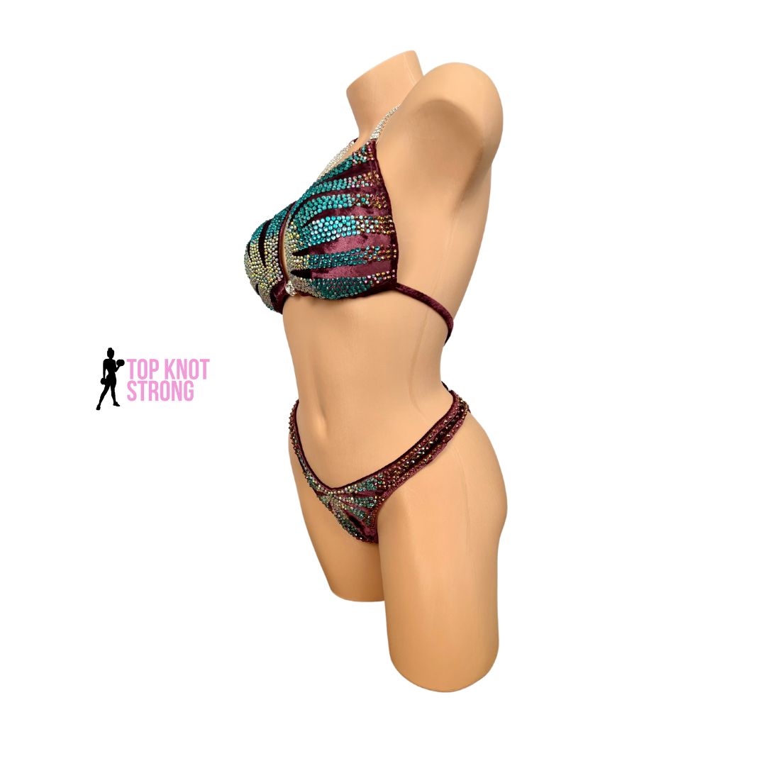 RTS: Figalicious Maroon and Blue Figure Physique Bodybuilding Crystal Competition Suit