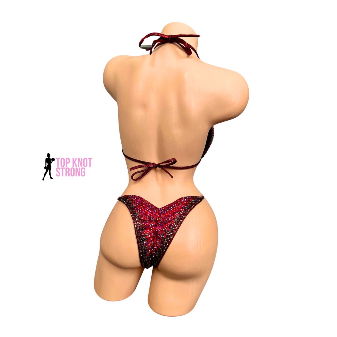 Cecilia Red and Black Crystal Bikini Competition Suit