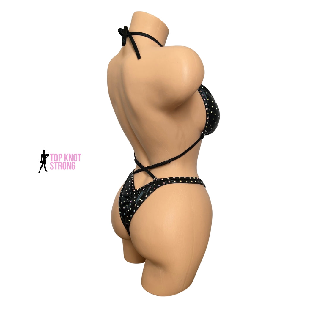 Wet Black Figure Physique Posing Suit with Crystals