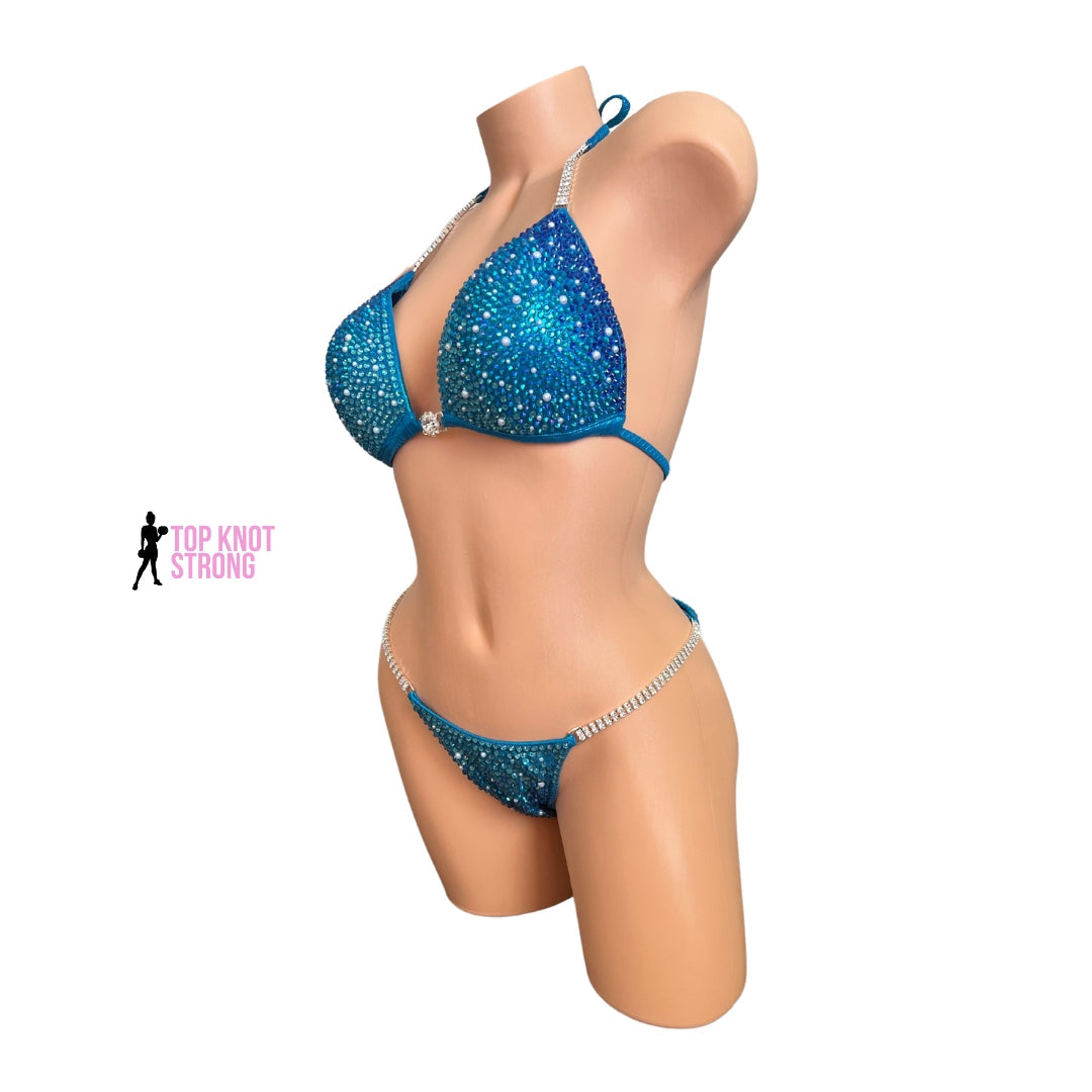 Aqua Blue Under the Sea Crystal and Pearl Bikini Competition Suit