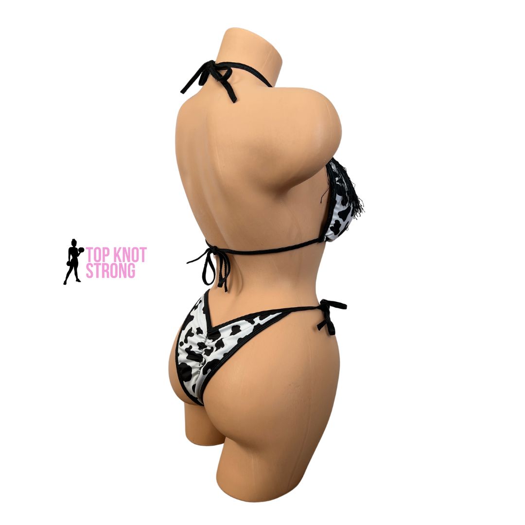 Cow Print Wellness Bikini Practice Posing Suit with Fringe