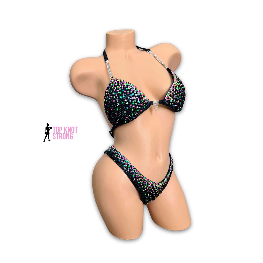 Neon Aurora Black Crystal Figure Physique Competition Suit