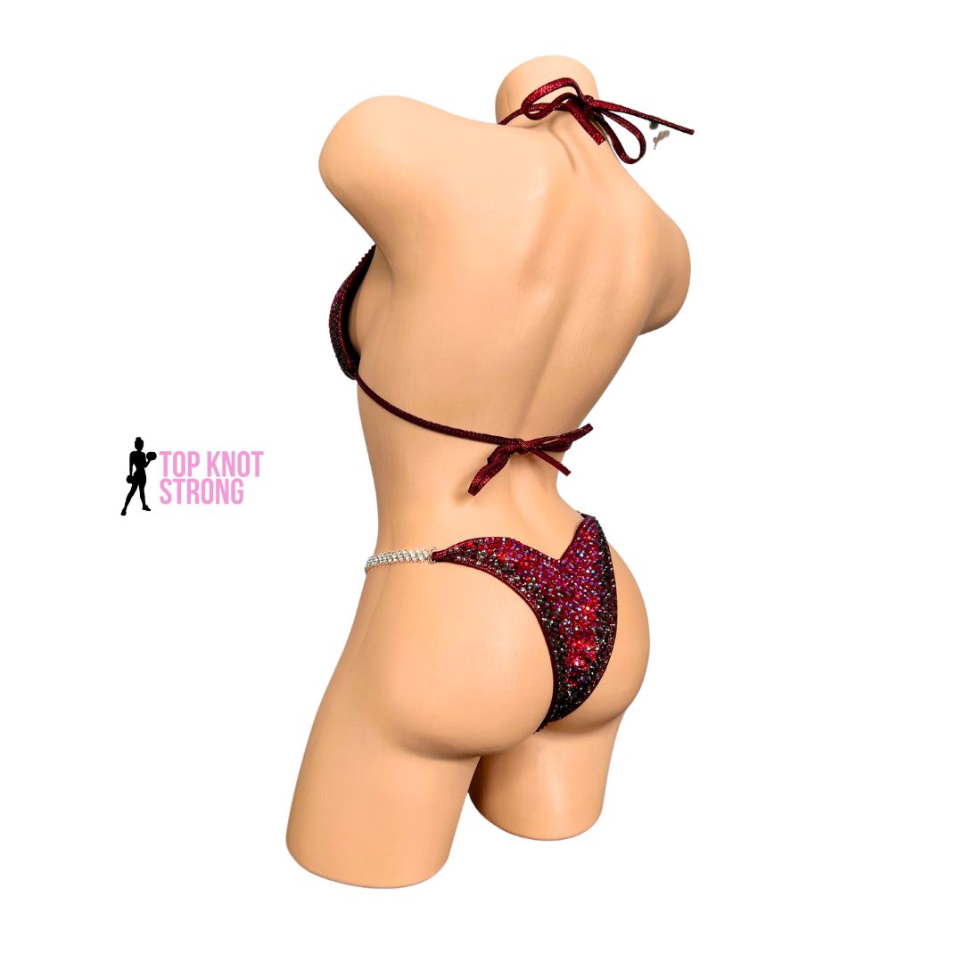 Cecilia Red and Black Crystal Bikini Competition Suit