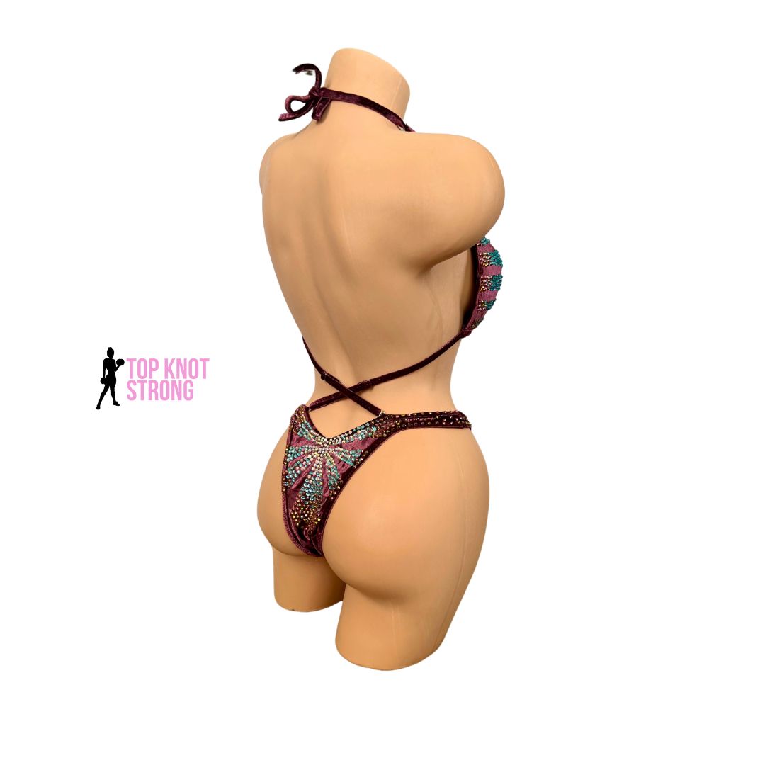 RTS: Figalicious Maroon and Blue Figure Physique Bodybuilding Crystal Competition Suit