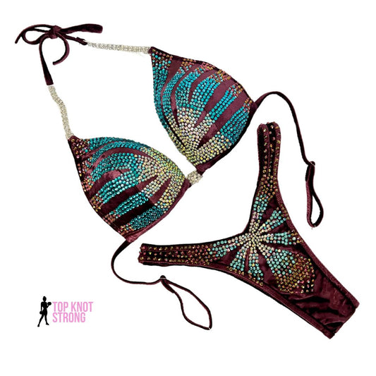 RTS: Figalicious Maroon and Blue Figure Physique Bodybuilding Crystal Competition Suit