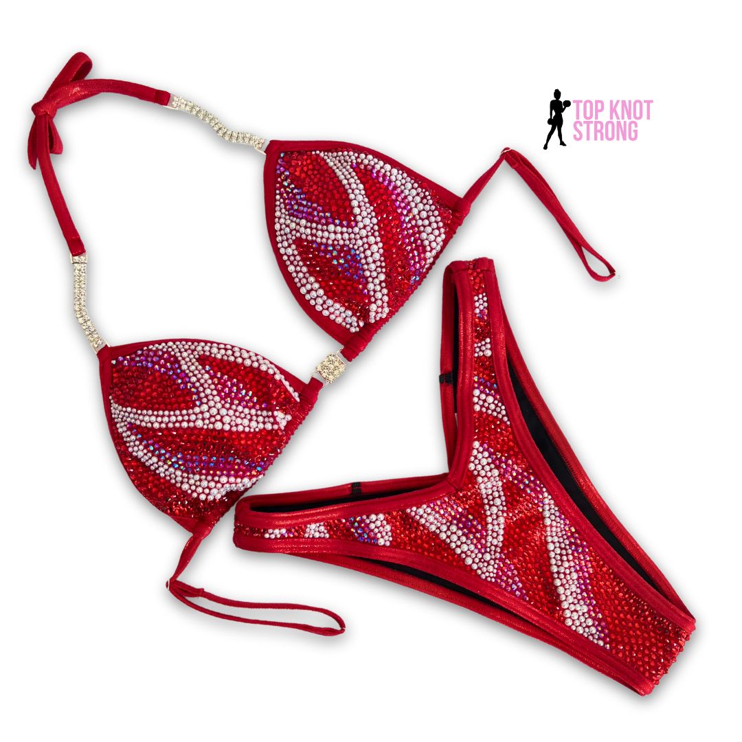 RTS: Ruby Red Temptation Figure Physique Bodybuilding Crystal Competition Suit