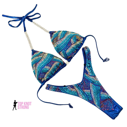 Majestic Royal Blue Waves Figure Physique Bodybuilding Crystal Competition Suit