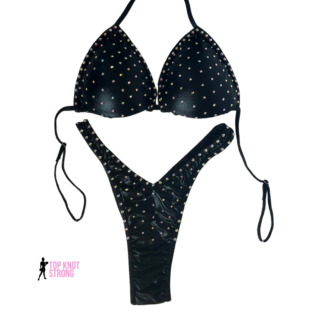Wet Black Figure Physique Posing Suit with Crystals
