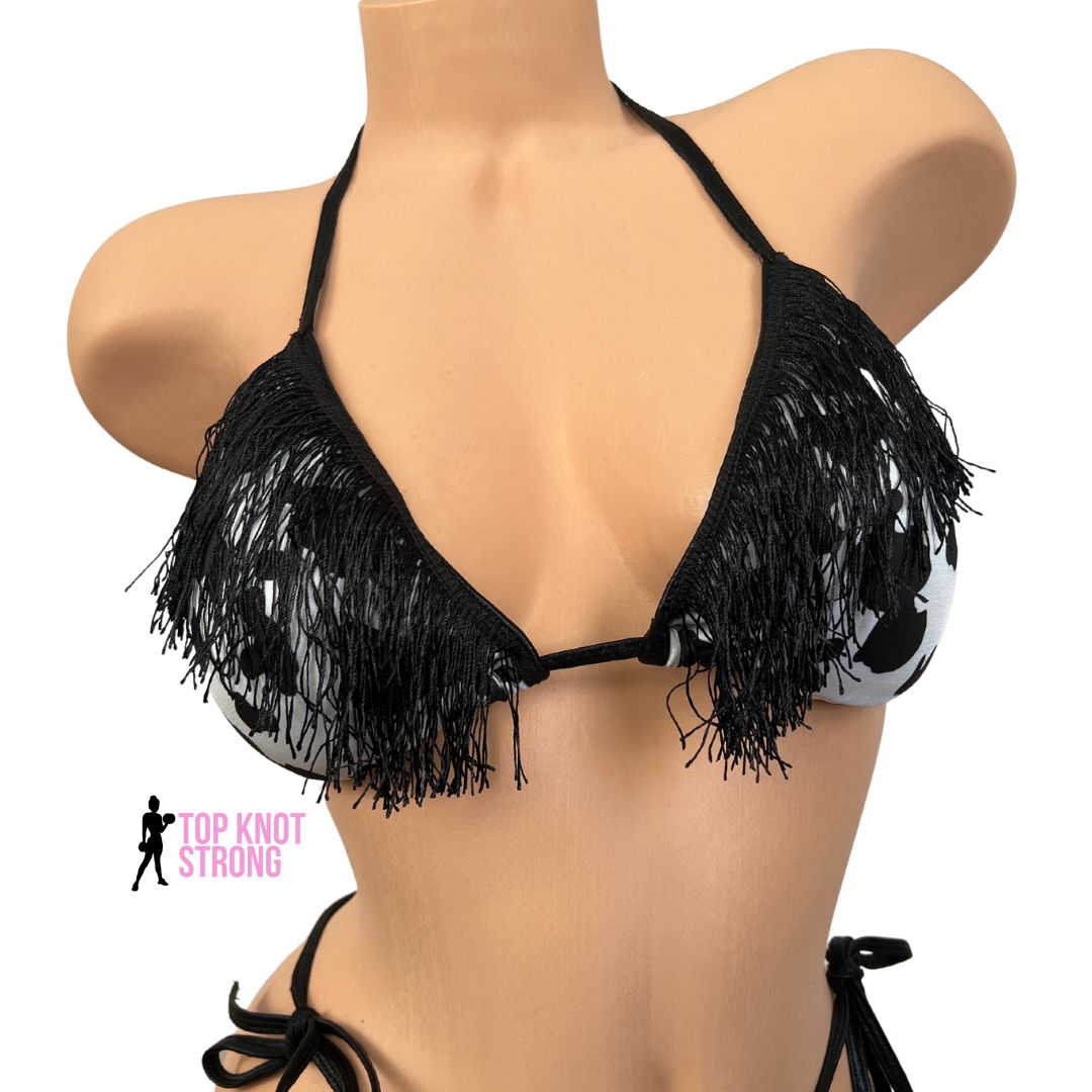 Cow Print Wellness Bikini Practice Posing Suit with Fringe