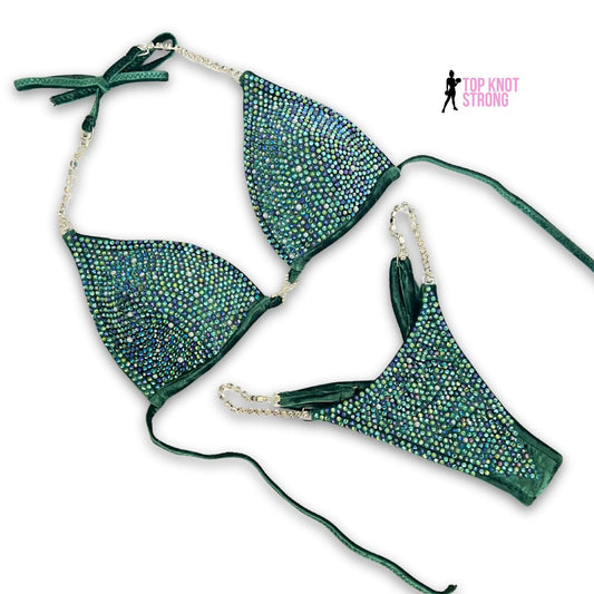 Serpentine Green Velvet Crystal Bikini Competition Suit