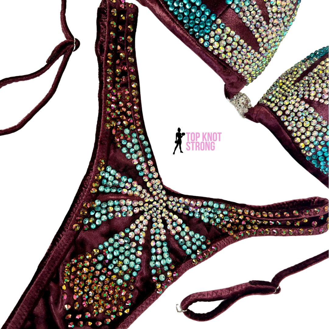 RTS: Figalicious Maroon and Blue Figure Physique Bodybuilding Crystal Competition Suit