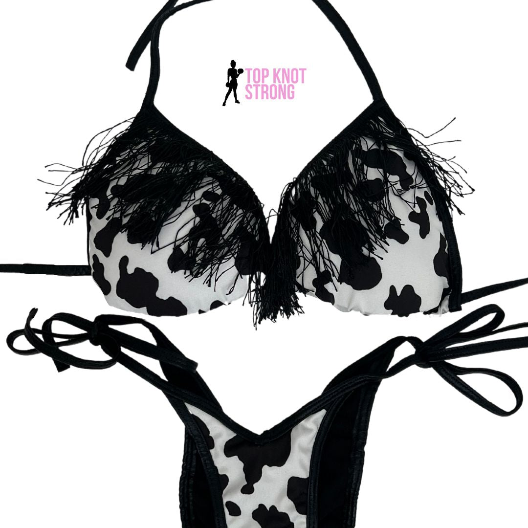 Cow Print Wellness Bikini Practice Posing Suit with Fringe