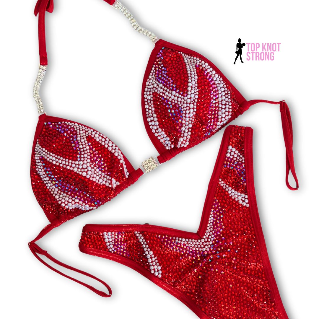 RTS: Ruby Red Temptation Figure Physique Bodybuilding Crystal Competition Suit