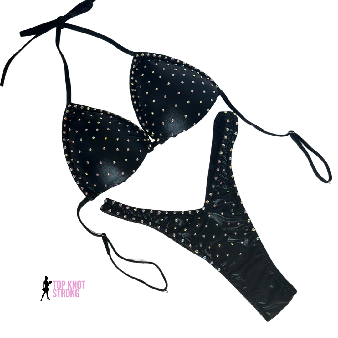 Wet Black Figure Physique Posing Suit with Crystals