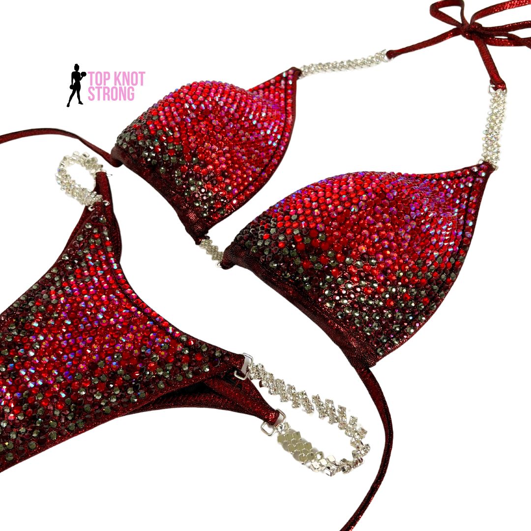 Cecilia Red and Black Crystal Bikini Competition Suit