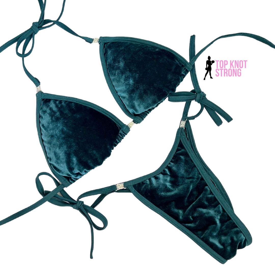 RTS: Atlantic Blue Velvet Bikini Posing Practice Suit | D cup | Medium Pro