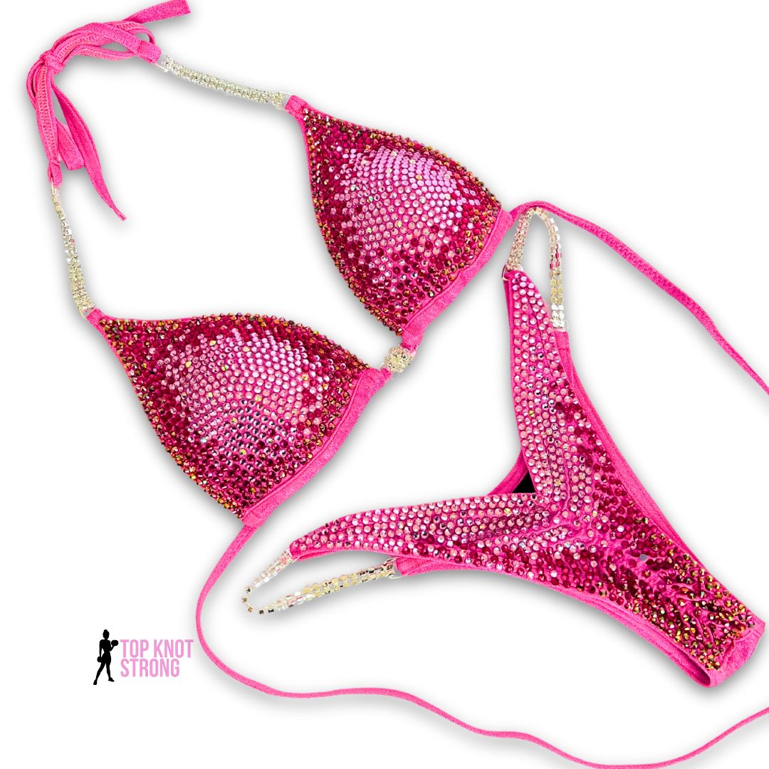 Cosmic Bloom Neon Pink Crystal Bikini Competition Suit