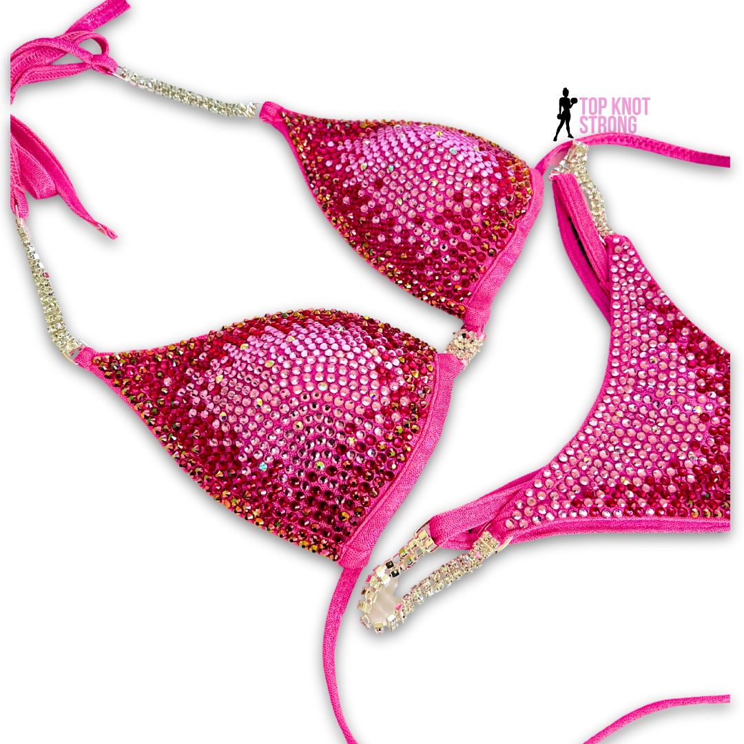 Cosmic Bloom Neon Pink Crystal Bikini Competition Suit