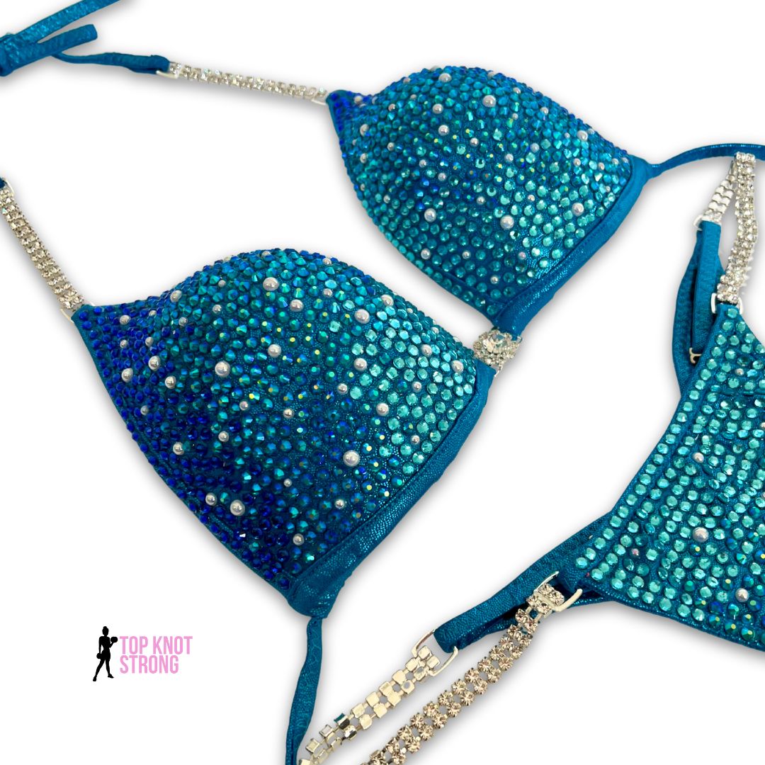 Under the Sea Aqua Blue Crystal Bikini Competition Suit