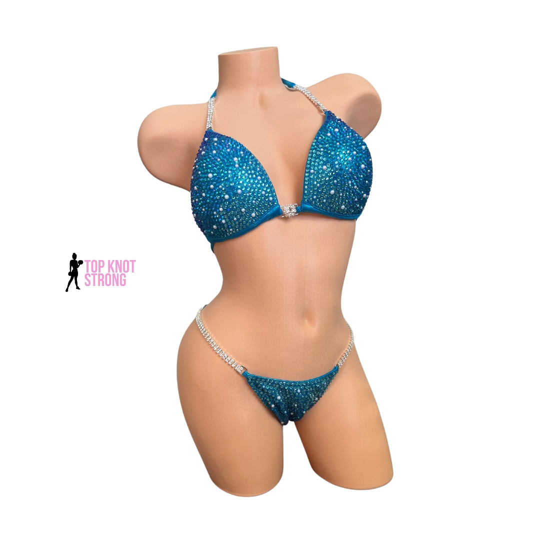 Aqua Blue Under the Sea Crystal and Pearl Bikini Competition Suit