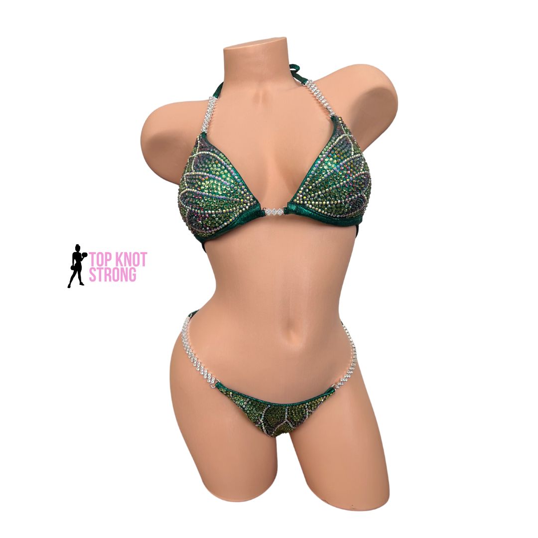Emerald Green Floral Butterfly Bikini Bodybuilding Crystal Competition Suit