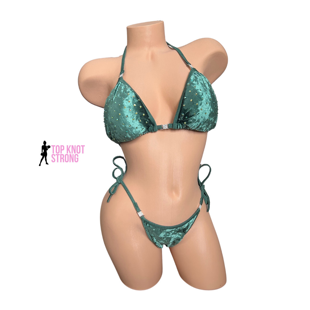 Olive Green Velvet Bikini Practice Posing Suit with Crystals