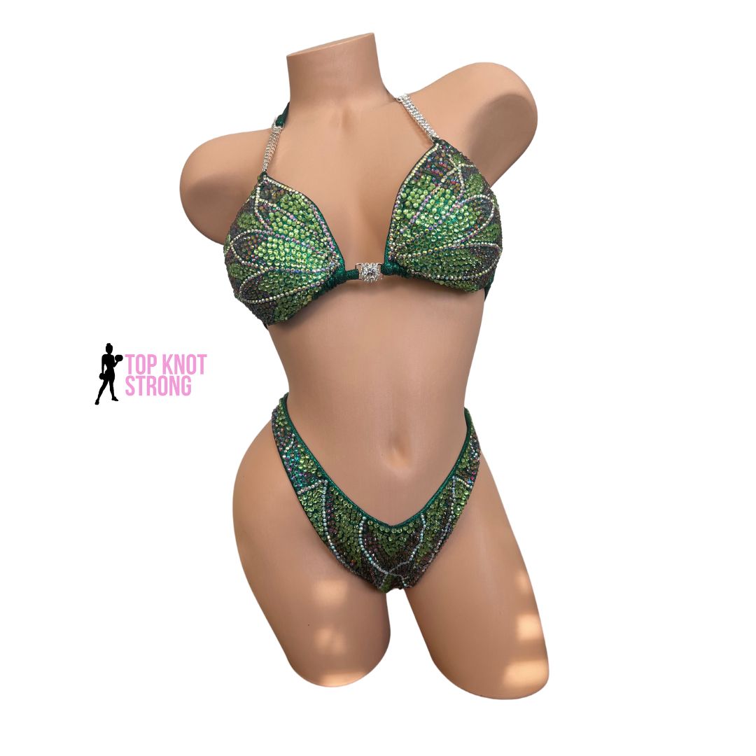 RTS: Emerald Green Floral Butterfly Figure Physique Bodybuilding Crystal Competition Suit