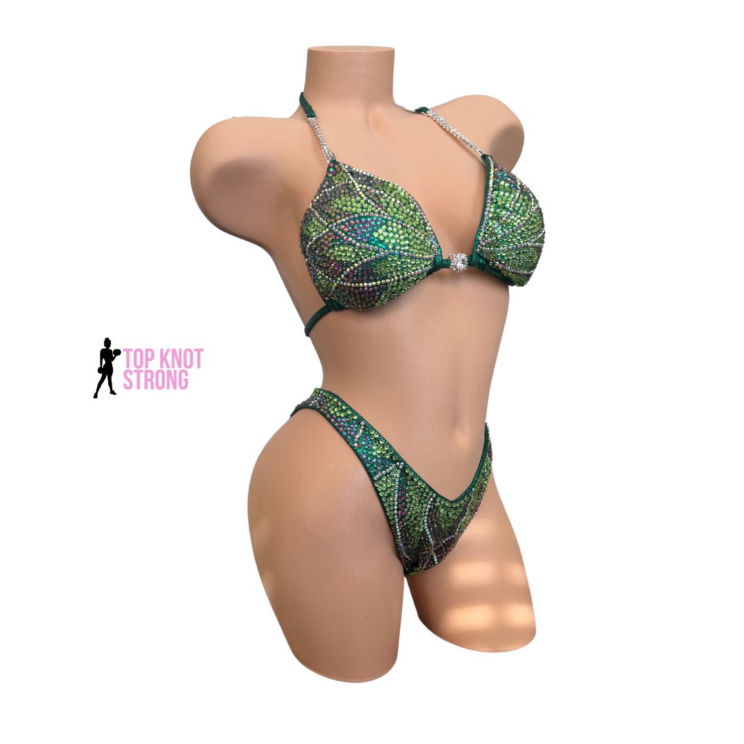 RTS: Emerald Green Floral Butterfly Figure Physique Bodybuilding Crystal Competition Suit