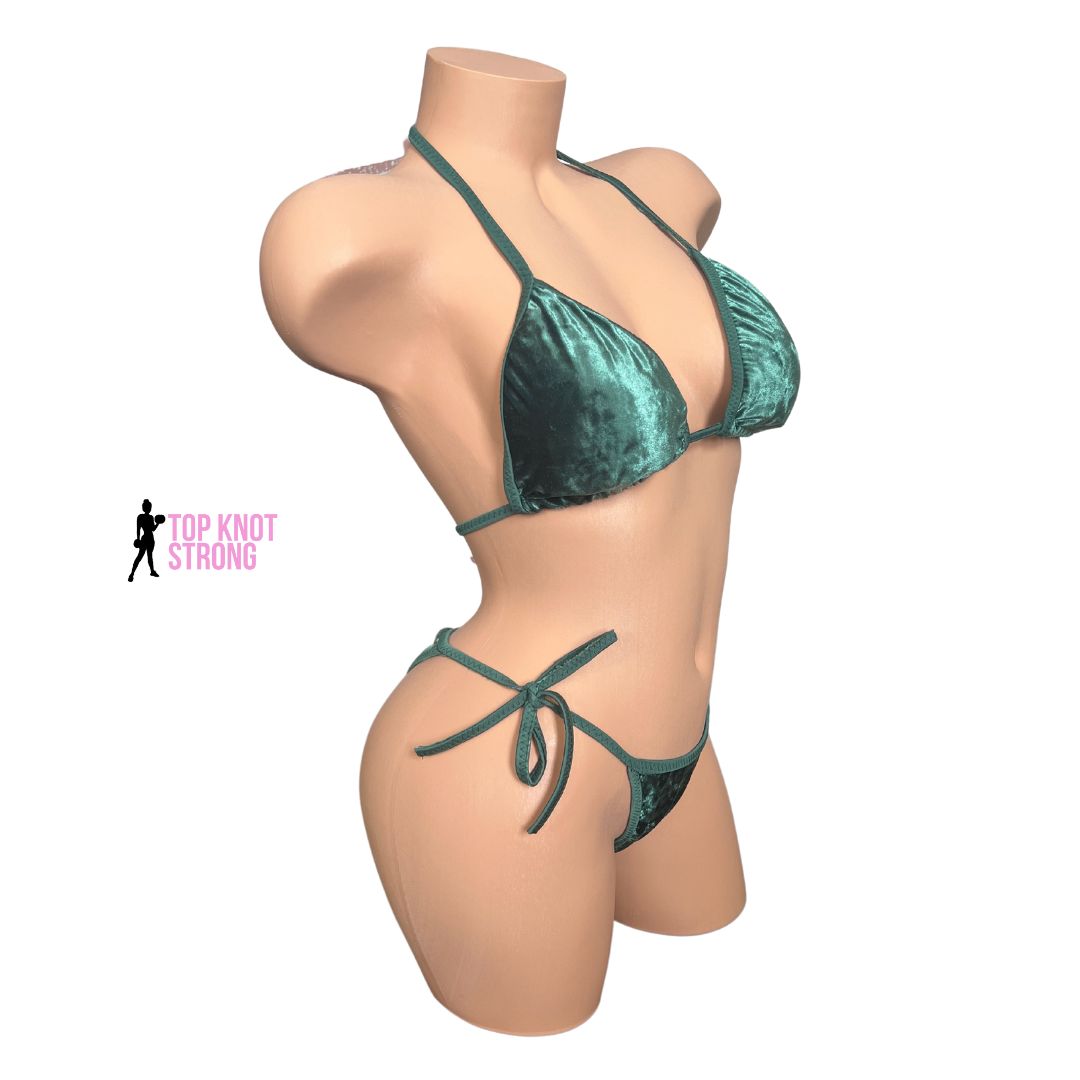 Olive Green Velvet Bikini Competition Posing Practice Suit