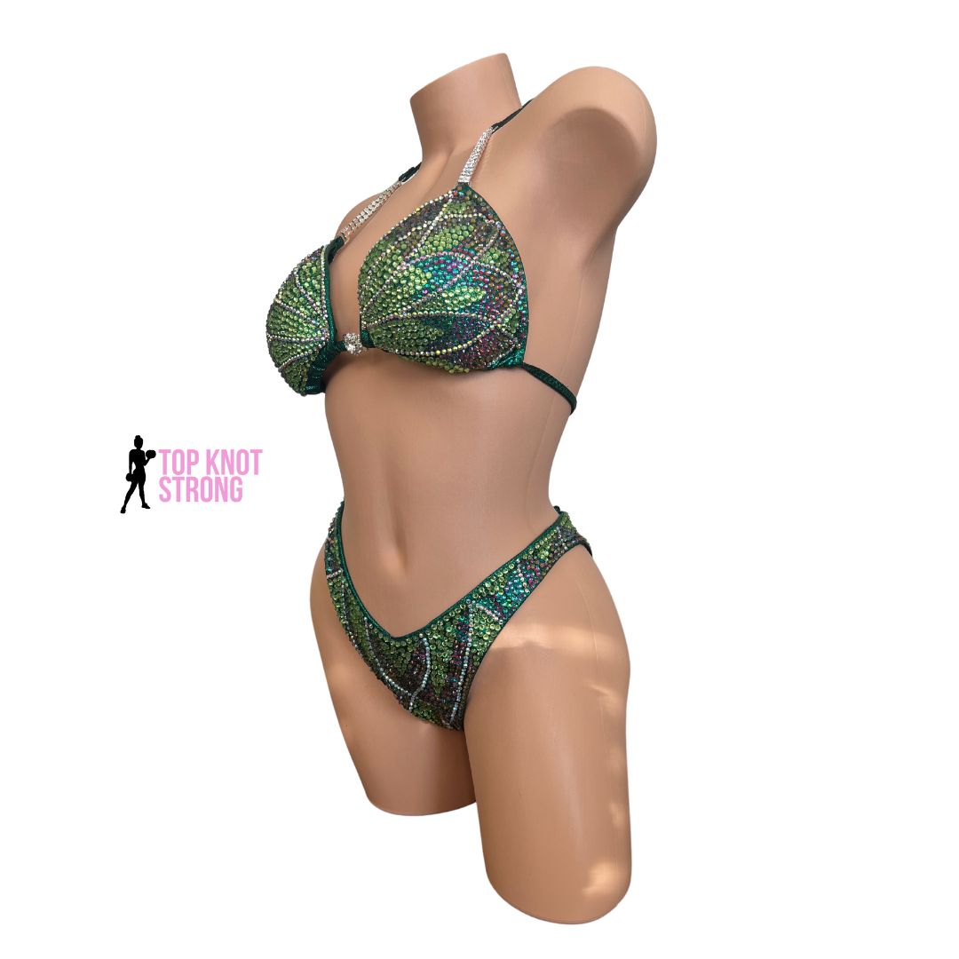 RTS: Emerald Green Floral Butterfly Figure Physique Bodybuilding Crystal Competition Suit