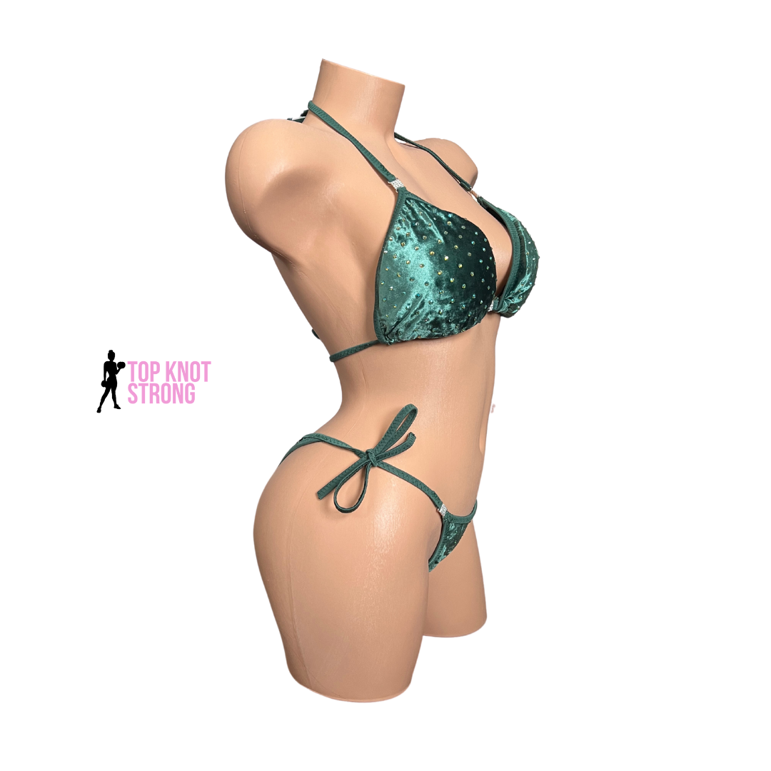 Olive Green Velvet Bikini Practice Posing Suit with Crystals