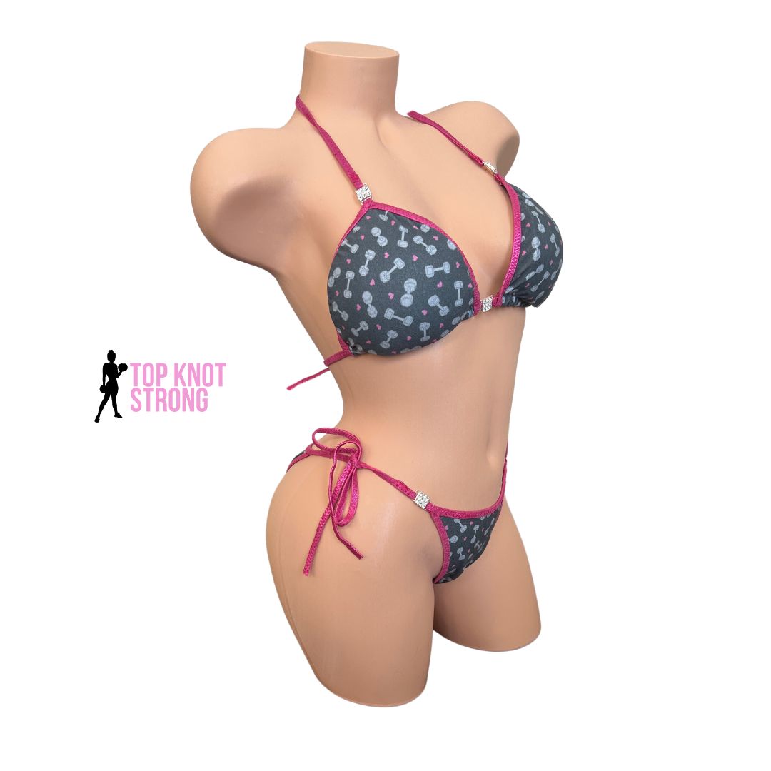 RTS: SIGNATURE Dumbbell Print Pink Bikini Competition Posing Practice Suit | C cup | Medium Brazilian