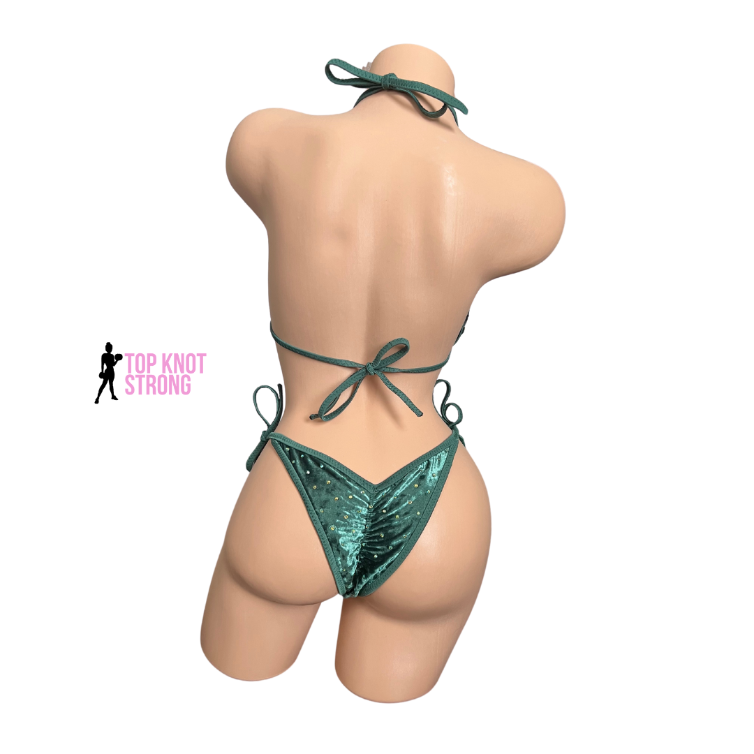 Olive Green Velvet Bikini Practice Posing Suit with Crystals