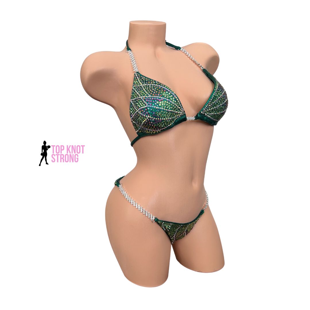 Emerald Green Floral Butterfly Bikini Bodybuilding Crystal Competition Suit