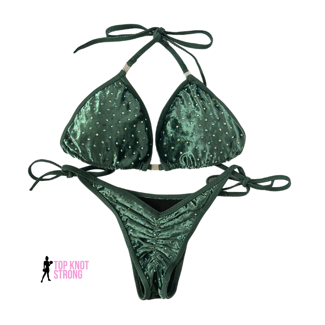 Olive Green Velvet Bikini Practice Posing Suit with Crystals