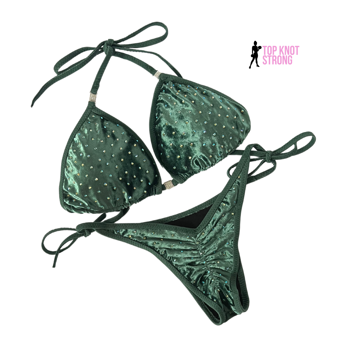 Olive Green Velvet Bikini Practice Posing Suit with Crystals