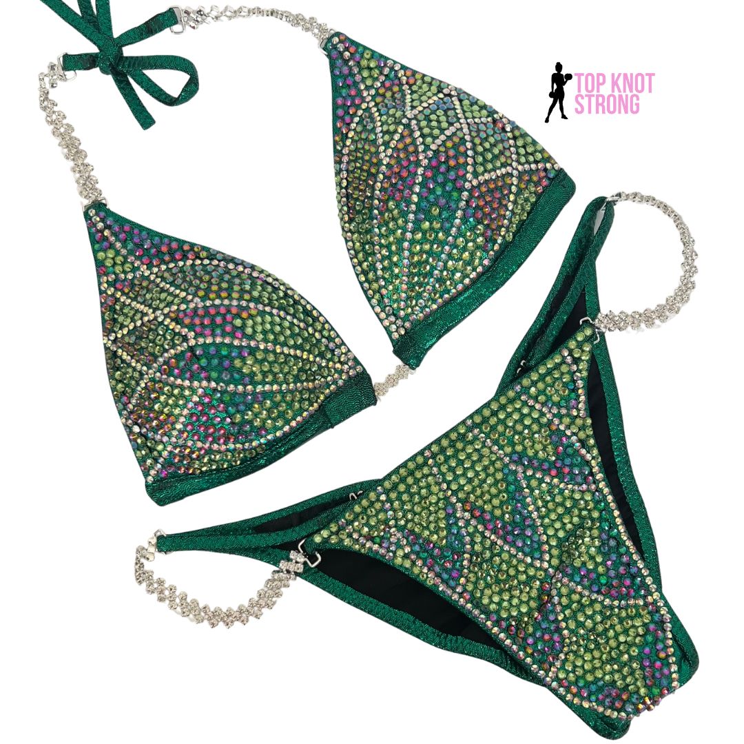 Emerald Green Floral Butterfly Bikini Bodybuilding Crystal Competition Suit