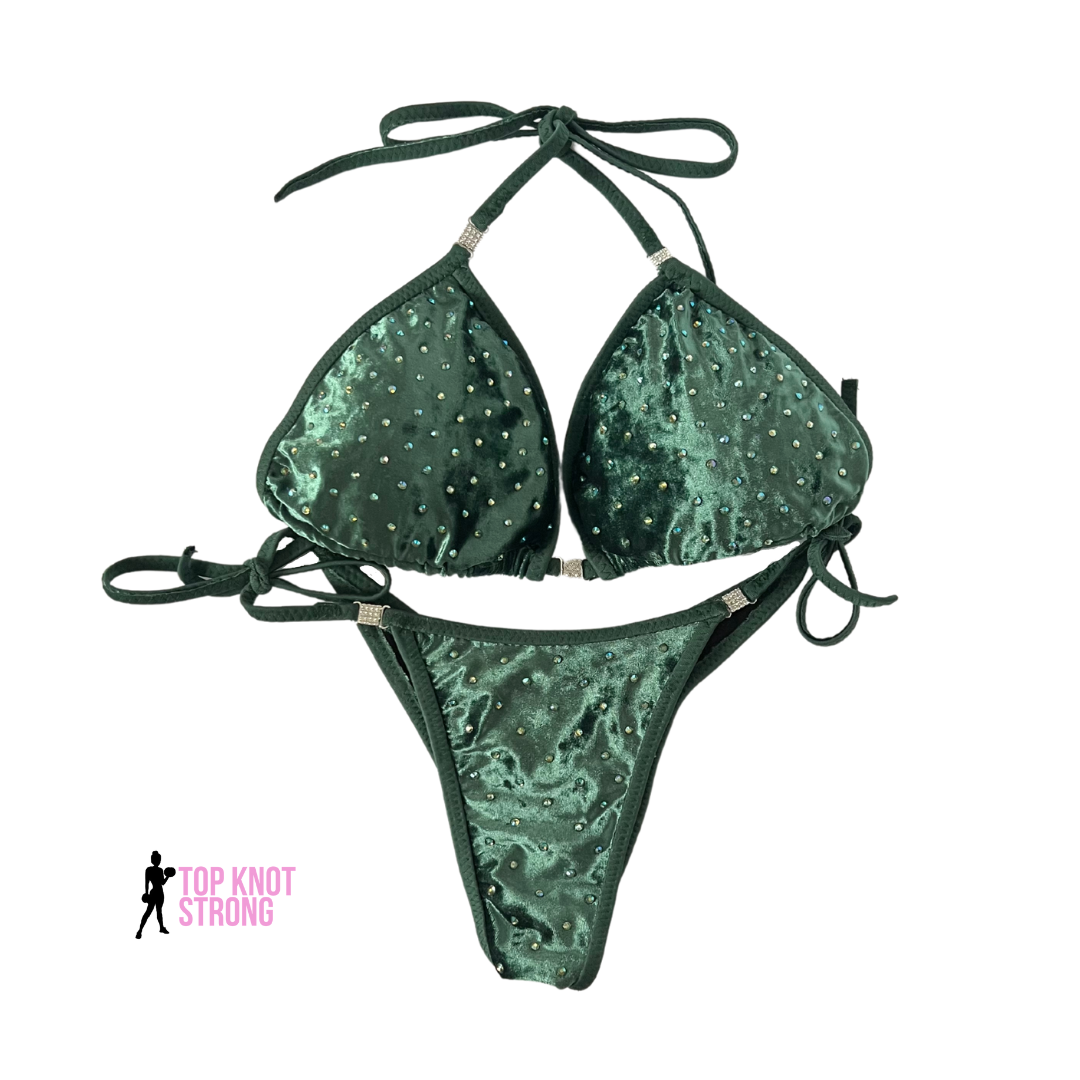Olive Green Velvet Bikini Practice Posing Suit with Crystals and Connectors