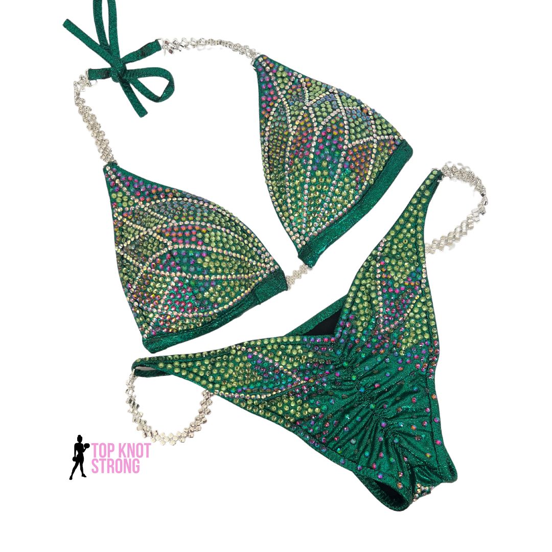 Emerald Green Floral Butterfly Bikini Bodybuilding Crystal Competition Suit