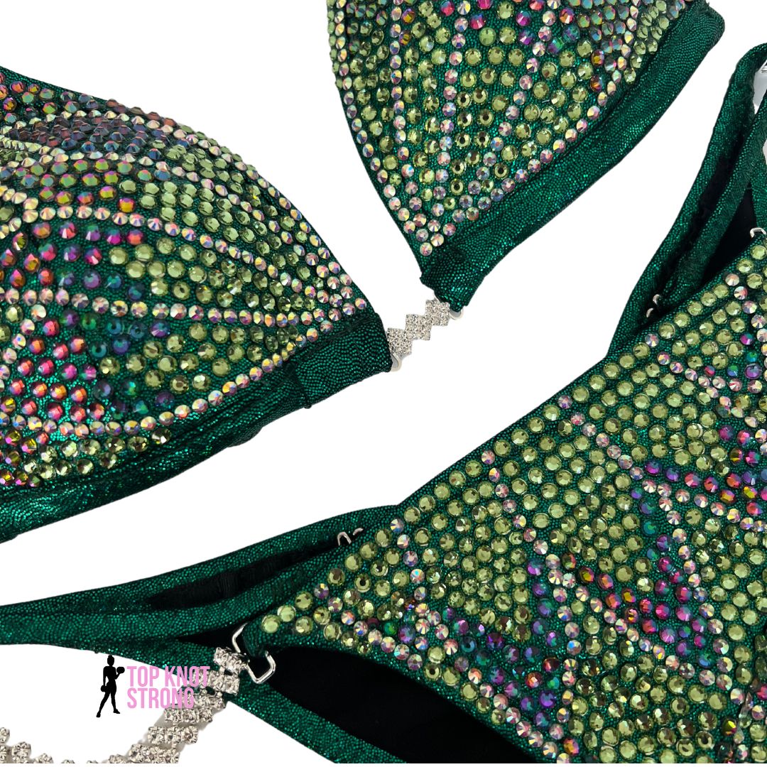 Emerald Green Floral Butterfly Bikini Bodybuilding Crystal Competition Suit