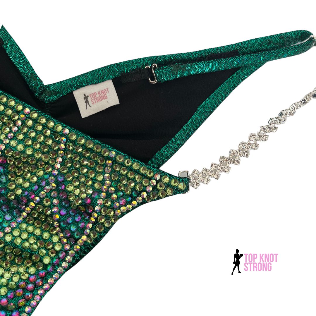 Emerald Green Floral Butterfly Bikini Bodybuilding Crystal Competition Suit