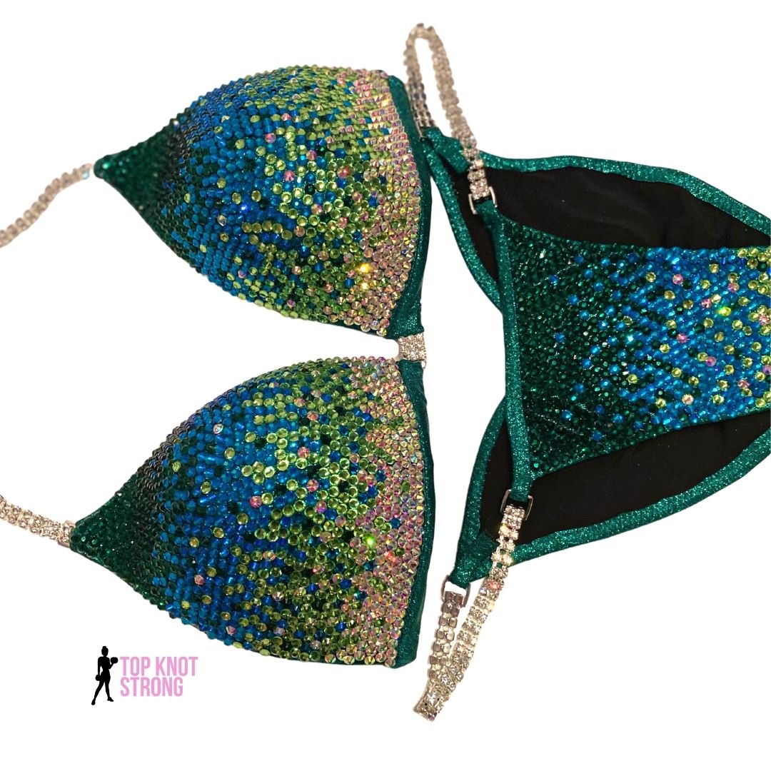 Emerald Green with Blue Ombre Crystal Bikini Competition Suit