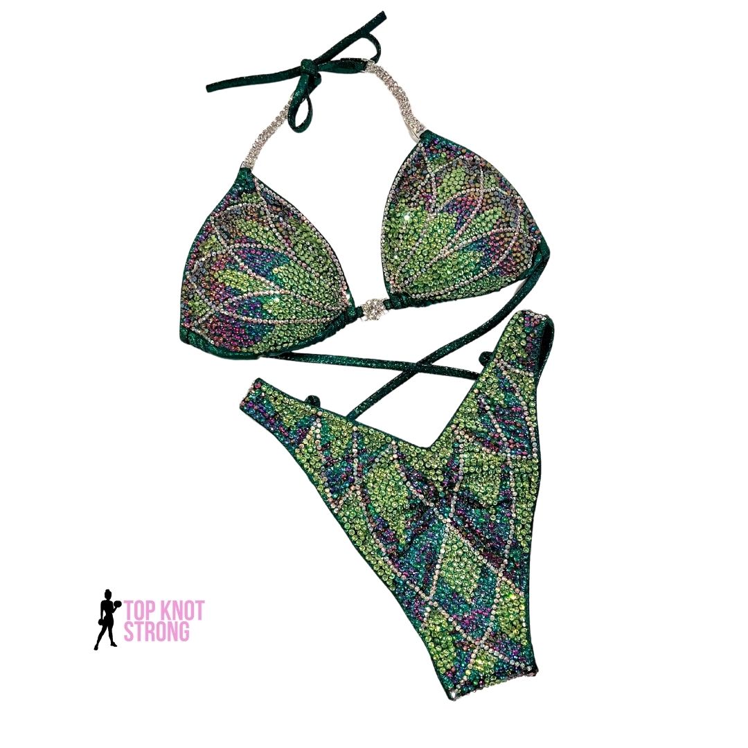 RTS: Emerald Green Floral Butterfly Figure Physique Bodybuilding Crystal Competition Suit